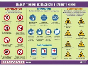 Таблица демонстрационная "Правила техники безопасности в кабинете химии" (винил 70х100) - fgospostavki.ru - Самара